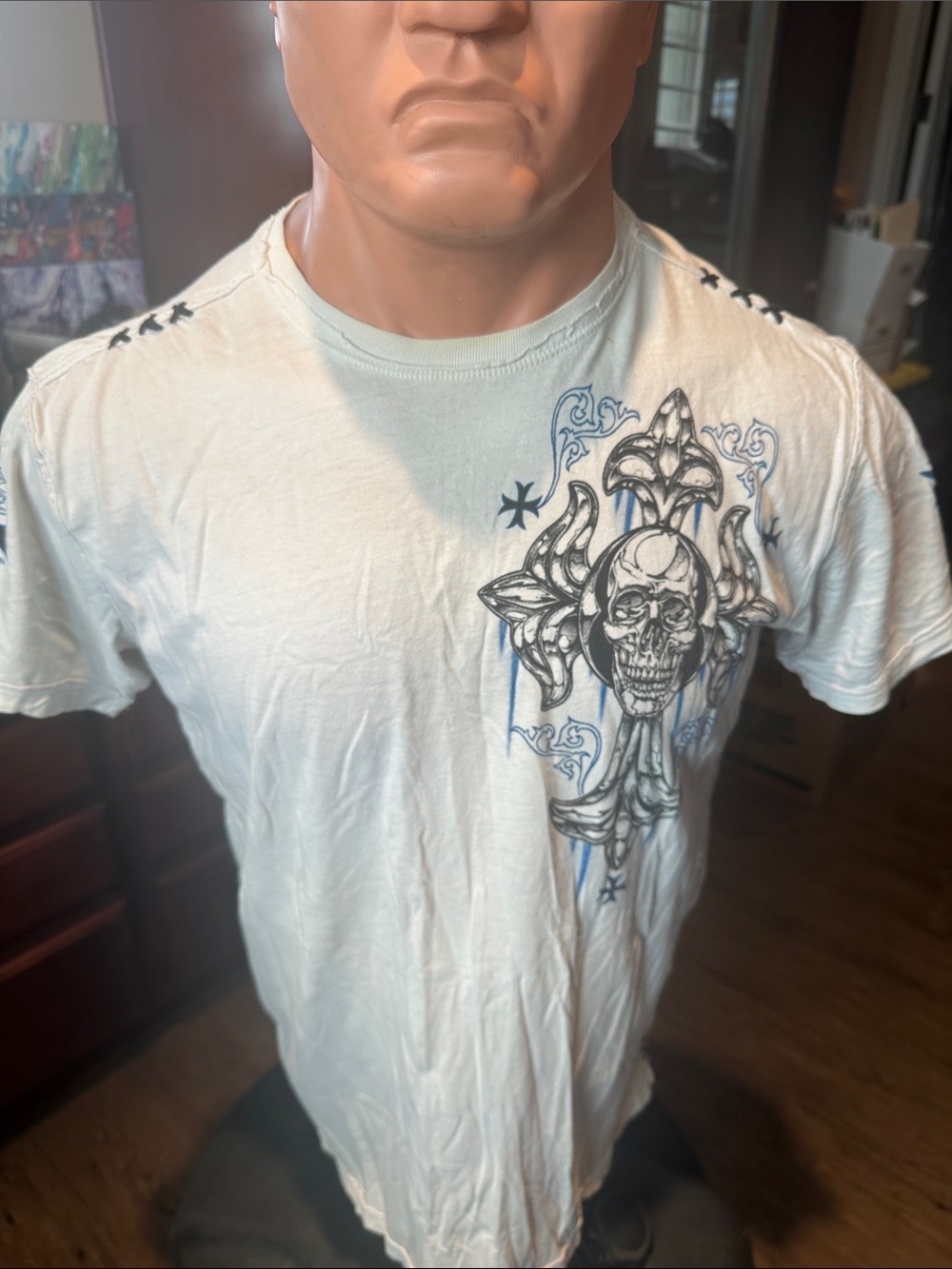 Affliction White Short Sleeve Tee with Skull Fleur-de-Lis Graphic